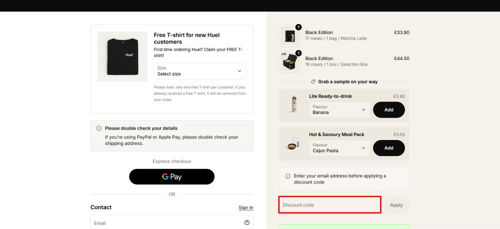 The checkout page for Huel, where you paste the code