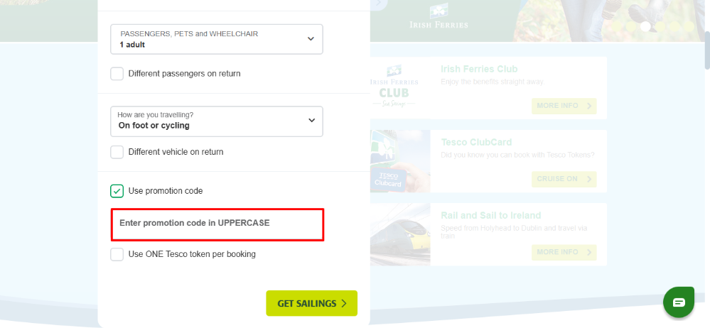 Irish Ferries offer code place that you can see highlighted by a red box