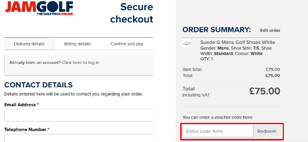 The checkout page showing where to paste and apply your Jam Golf discount code