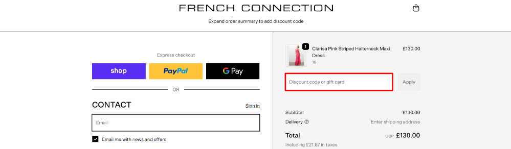 Applying a French Connection promo code at checkout