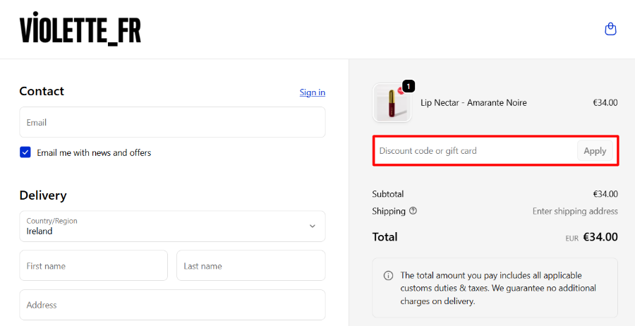 Apply your VIOLETTE_FR promo code before you pay