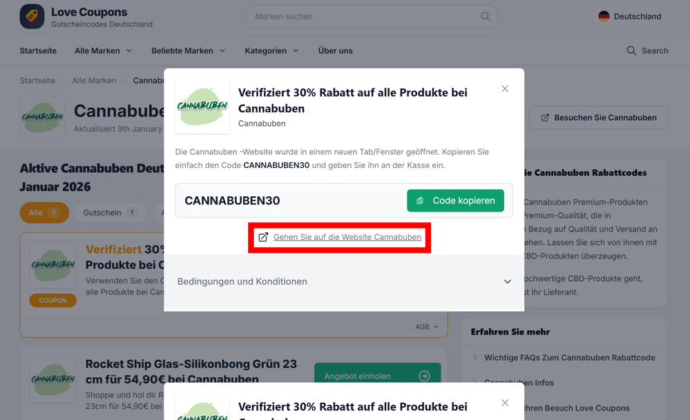 Love Coupons-Seite mit einem offenen Cannabuben Gutschein und rotmarkiertem Link