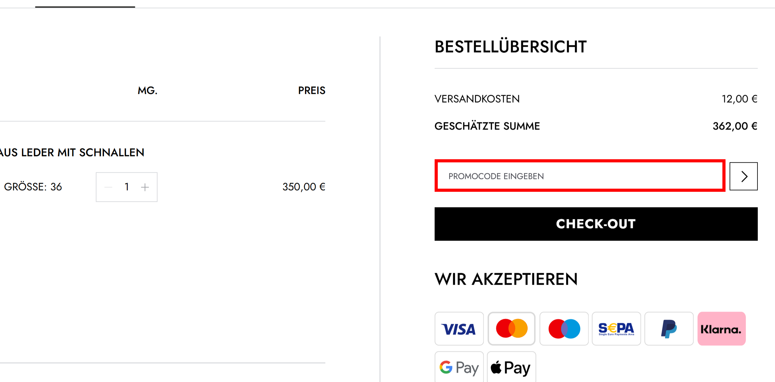 Die Bestellübersicht von PINKO mit rotmarkiertem Eingabefeld für einen Promo Code