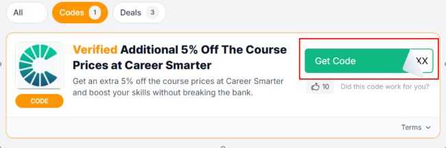 The Love Discount Vouchers page shows Career Smarter UK promo codes and offers to use on your purchase
