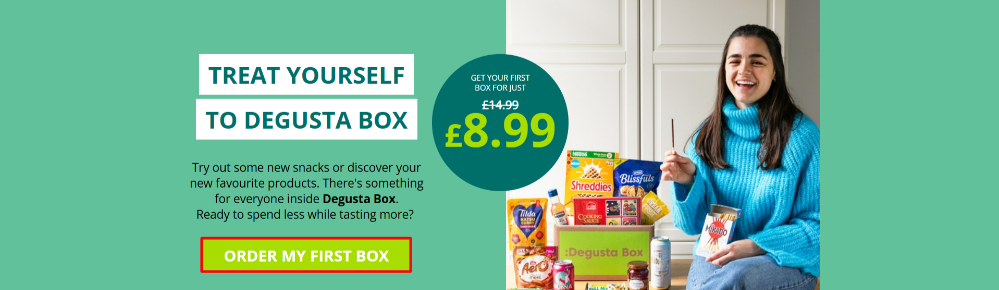 The Degusta Box home page with the "order my first box" highlighted with a red box and their promotional details