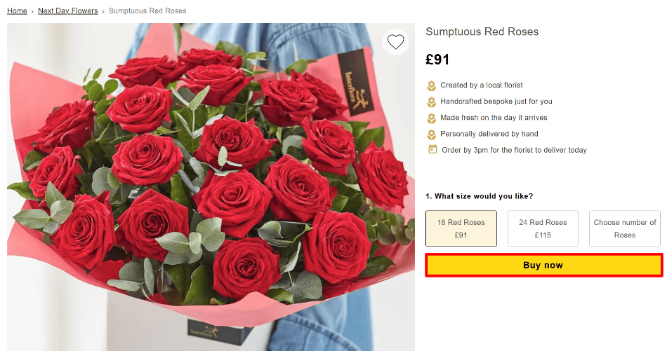 A Interflora product page with the “Buy Now” button highlighted with a red box