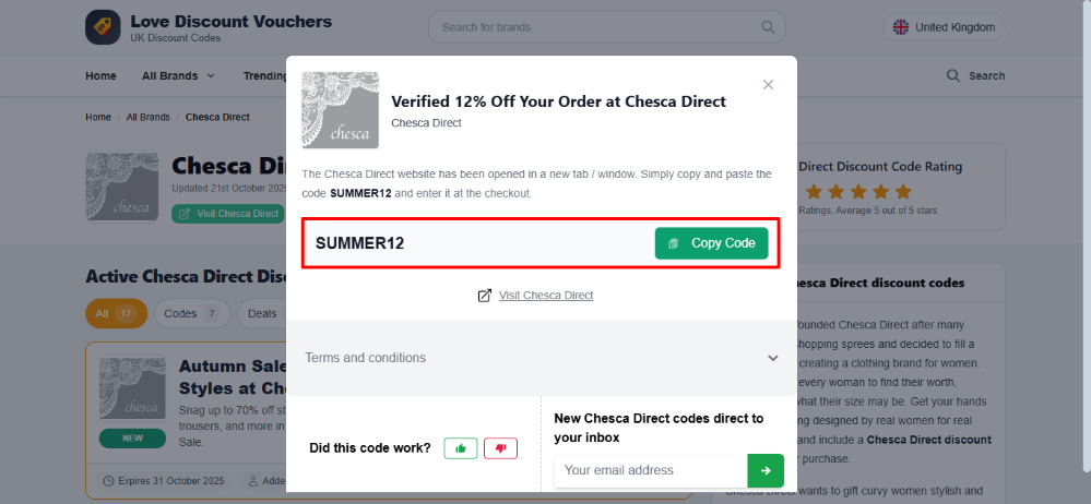 Love Discount Vouchers Chesca Direct voucher code that you use on your order