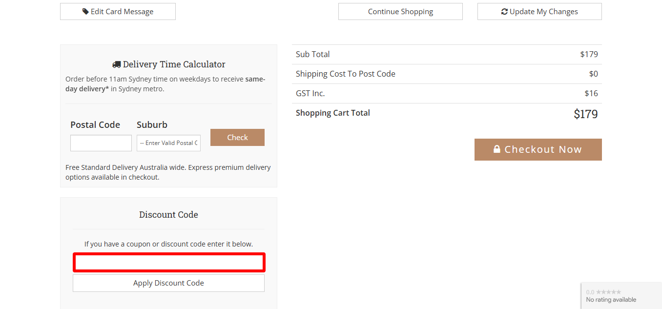 The Hamper Emporium's shopping cart page where you can see the place to paste your The Hamper Emporium promo code