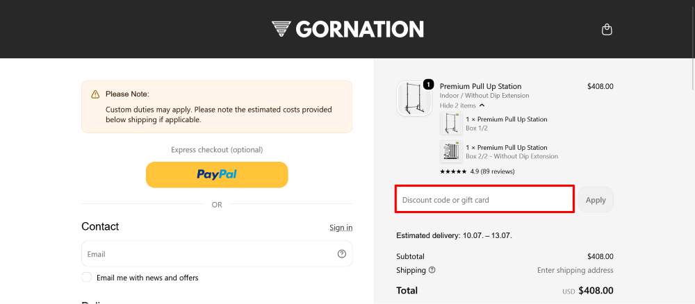 The checkout page for Gornation, where you paste the code
