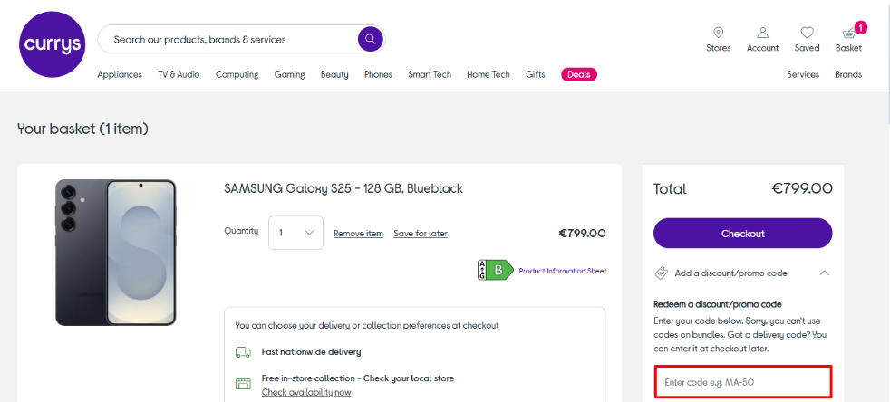 Currys promo code place in your shopping basket