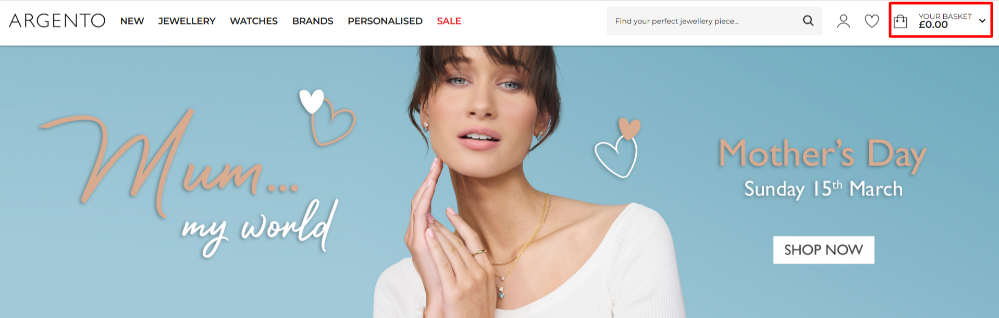 The Argento home page and the shopping categories and the shopping bag highlighted with a red box