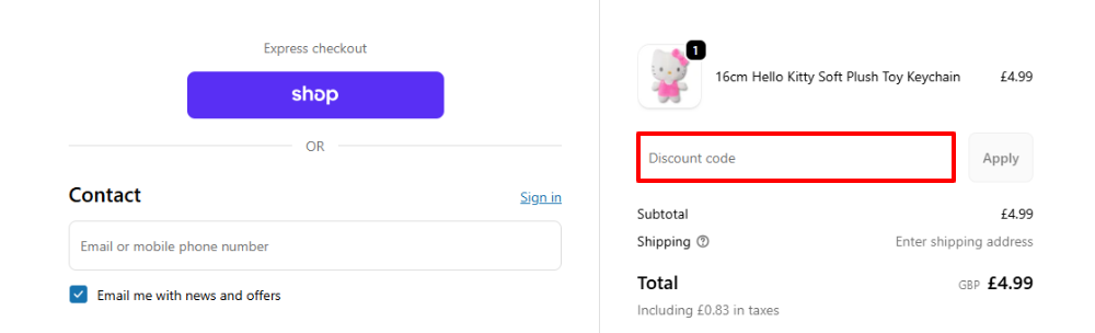 The Simply Toys checkout page with where to paste the Simply Toys voucher code in a red box.