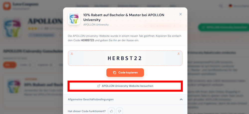 Ein offener Gutscheincode für Apollon University mit rotmarkiertem Link