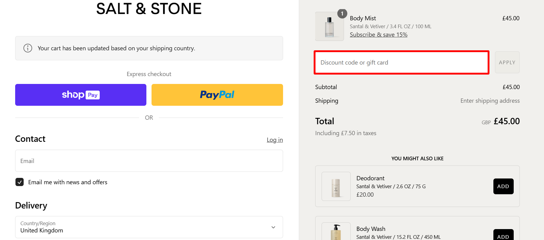 The checkout page showing where to apply your SALT & STONE voucher code