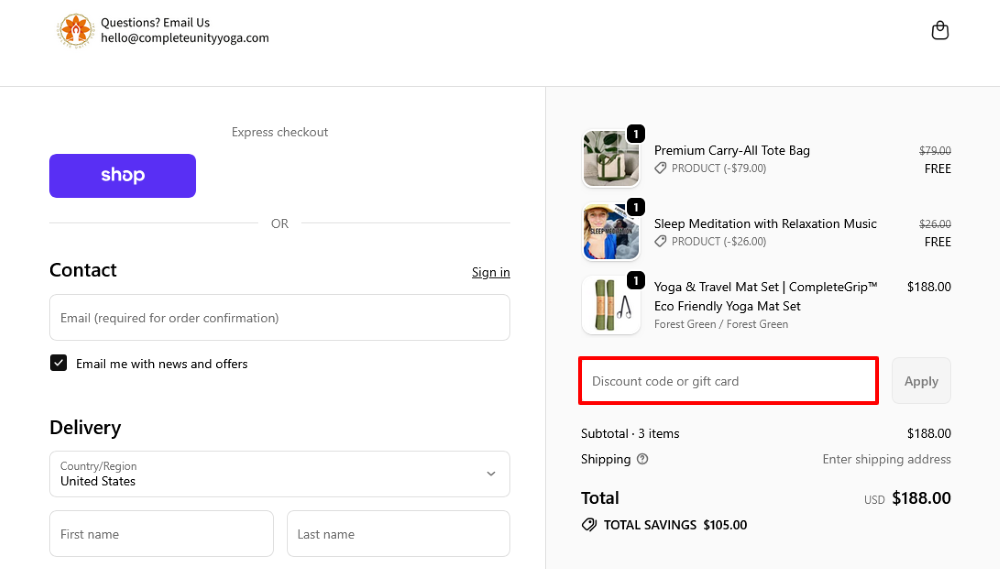 The checkout page for Complete unity yoga where you paste the code