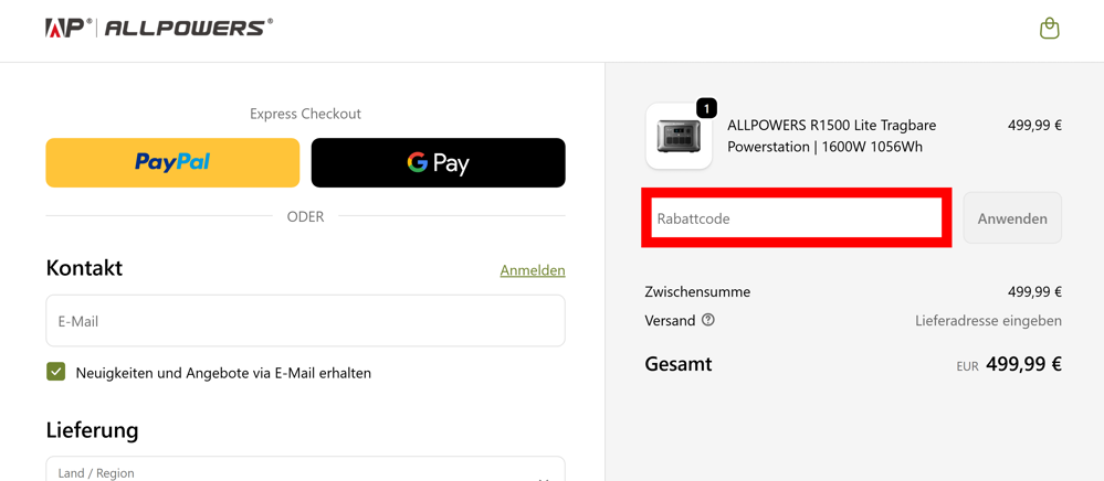 Checkout von ALLPOWERS mit rotmarkiertem Eingabefeld für Rabattcodes
