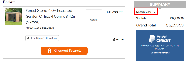 A box where you can add your Buy Sheds Direct promo code to redeem it