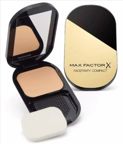 An open face powder container with a white sponge on the side