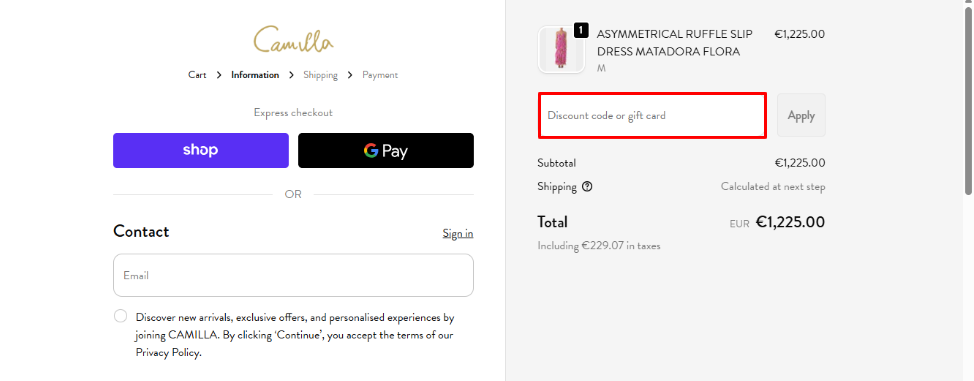 Go to the checkout page and apply your Camilla promo code