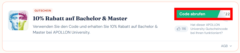 Angaben zu einem Gutschein für die APOLLON University mit rotmarkiertem grünen Button