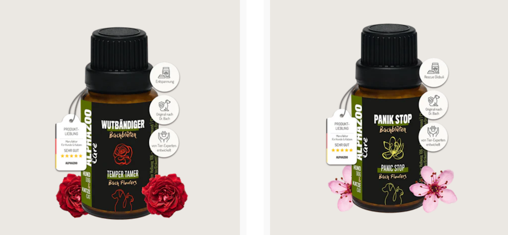 Zwei Produkte von Alphazoo in Fläschen-Form in verschiedenen Blumen-Sorten