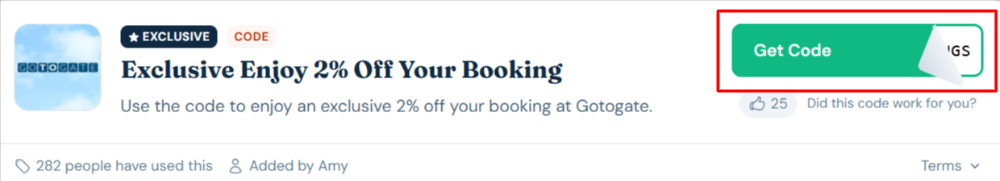 A Gotogate coupon code with "Get Code" in a red box
