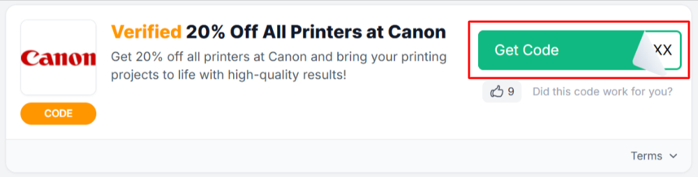 A Canon promo code with "Get Code" in a red box.