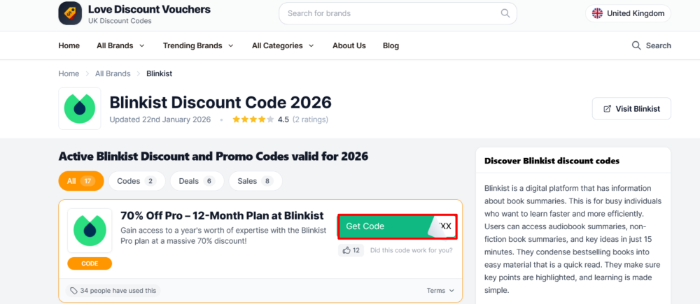 Blinkist site page where a code is copied