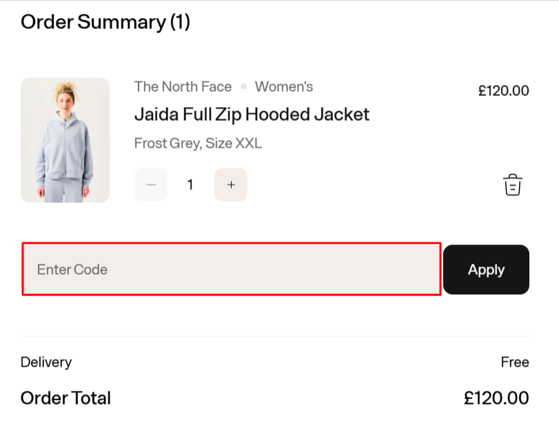 The Ellis Brigham checkout page with where to paste the Ellis Brigham voucher code in a red box