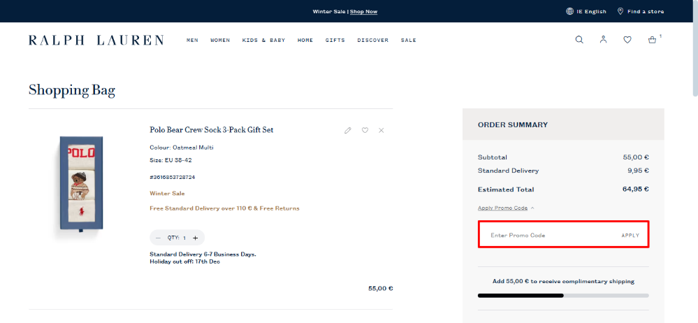 Ralph Lauren shopping bag where the discount code place is highlighted by a red box