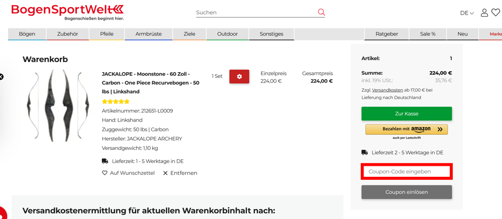 Warenkorb von BogenSportWelt mit einem rotmarkierten Eingabefeld für Gutscheine
