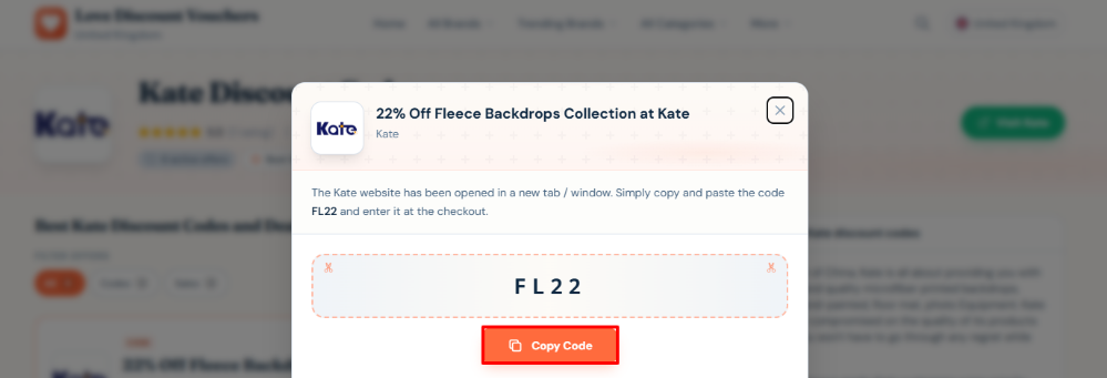 Choosing a Kate promo code on Love Discount Vouchers