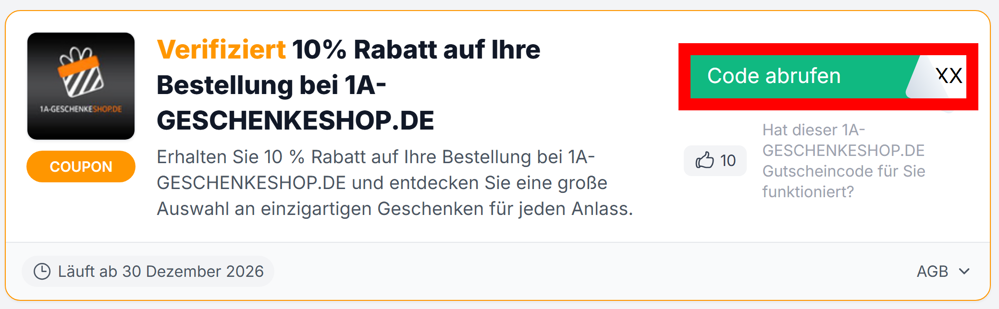 Angaben zu einem Rabattcode von 1A-GESCHENKESHOP.DE mit rotmarkiertem grünen Button 