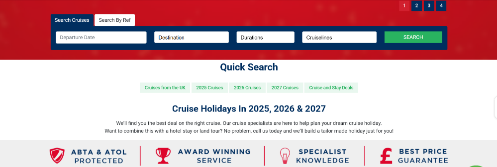 The Cruise118 website showing search parameters for cruise destinations and a quick search option for last-minute deals