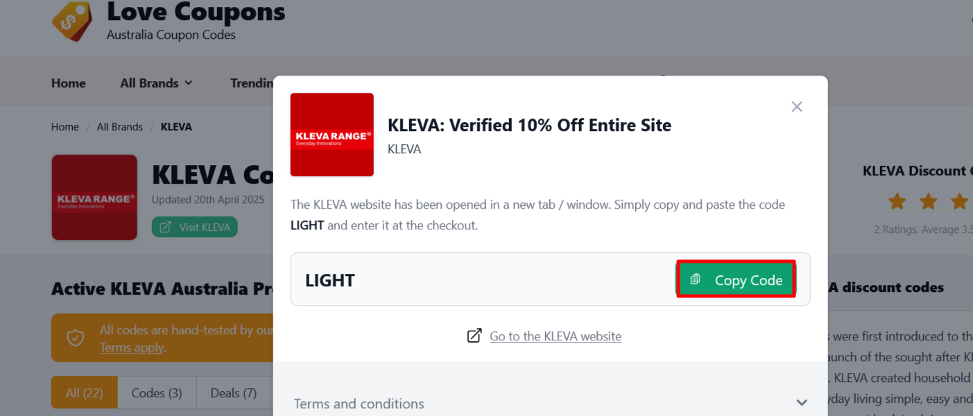 KLEVA page on Love Coupons where to copy your code