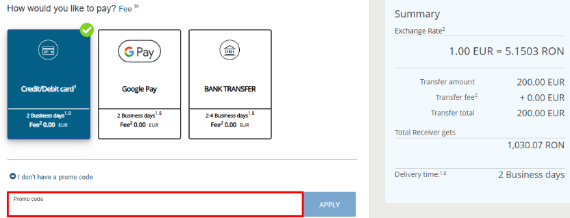 Place your Western Union promo code in this box and apply it