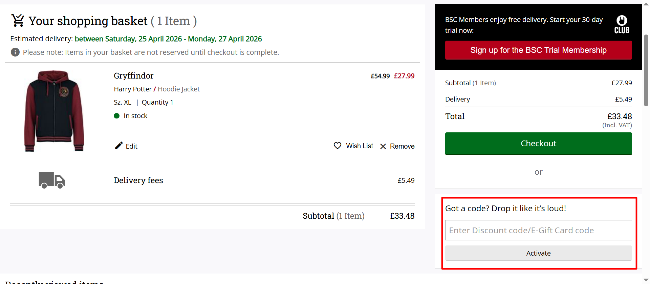 your EMP shopping basket witha  higlighted discount box