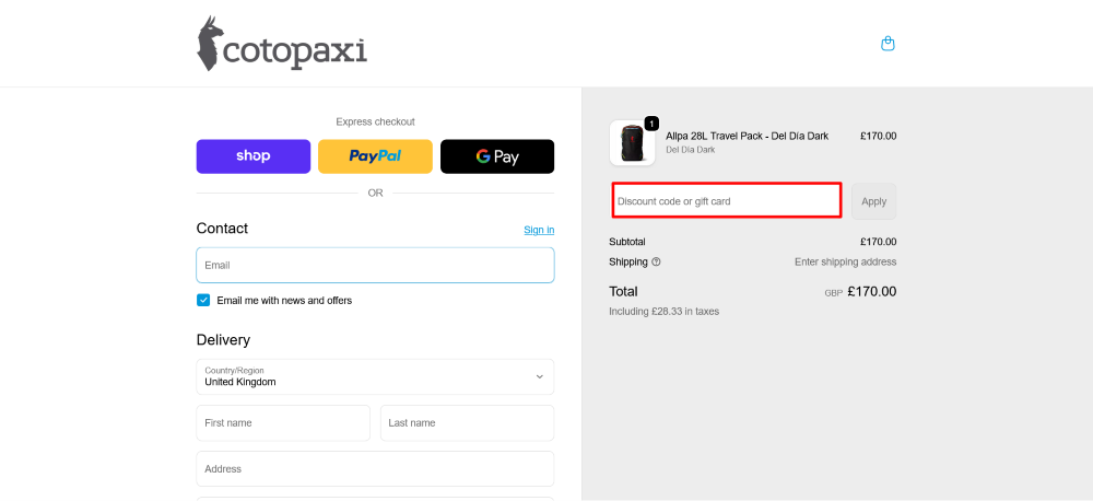 Cotopaxi chexkout page where to paste a code