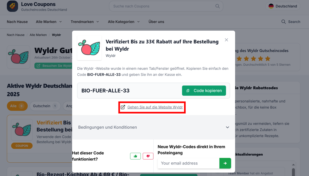Ein offener Gutschein für wyldr auf der Love Coupons-Seite mit rotmarkiertem Link