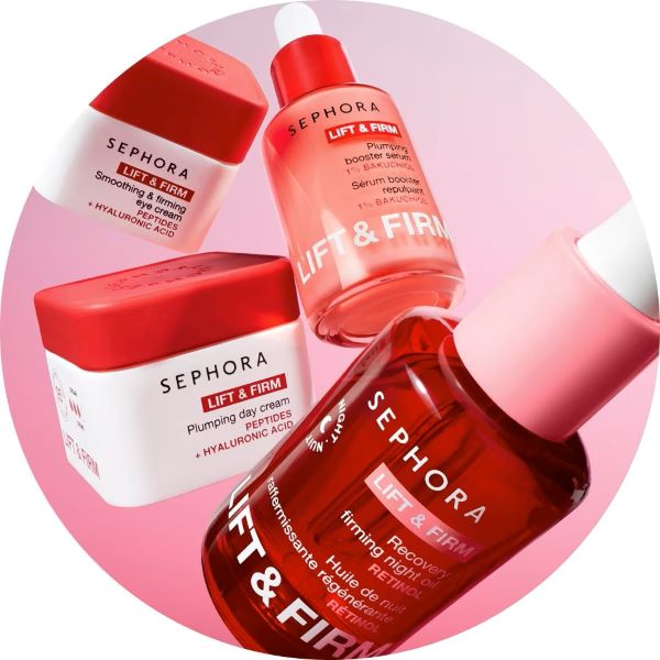 A range of Sephora skincare products on a light pink background