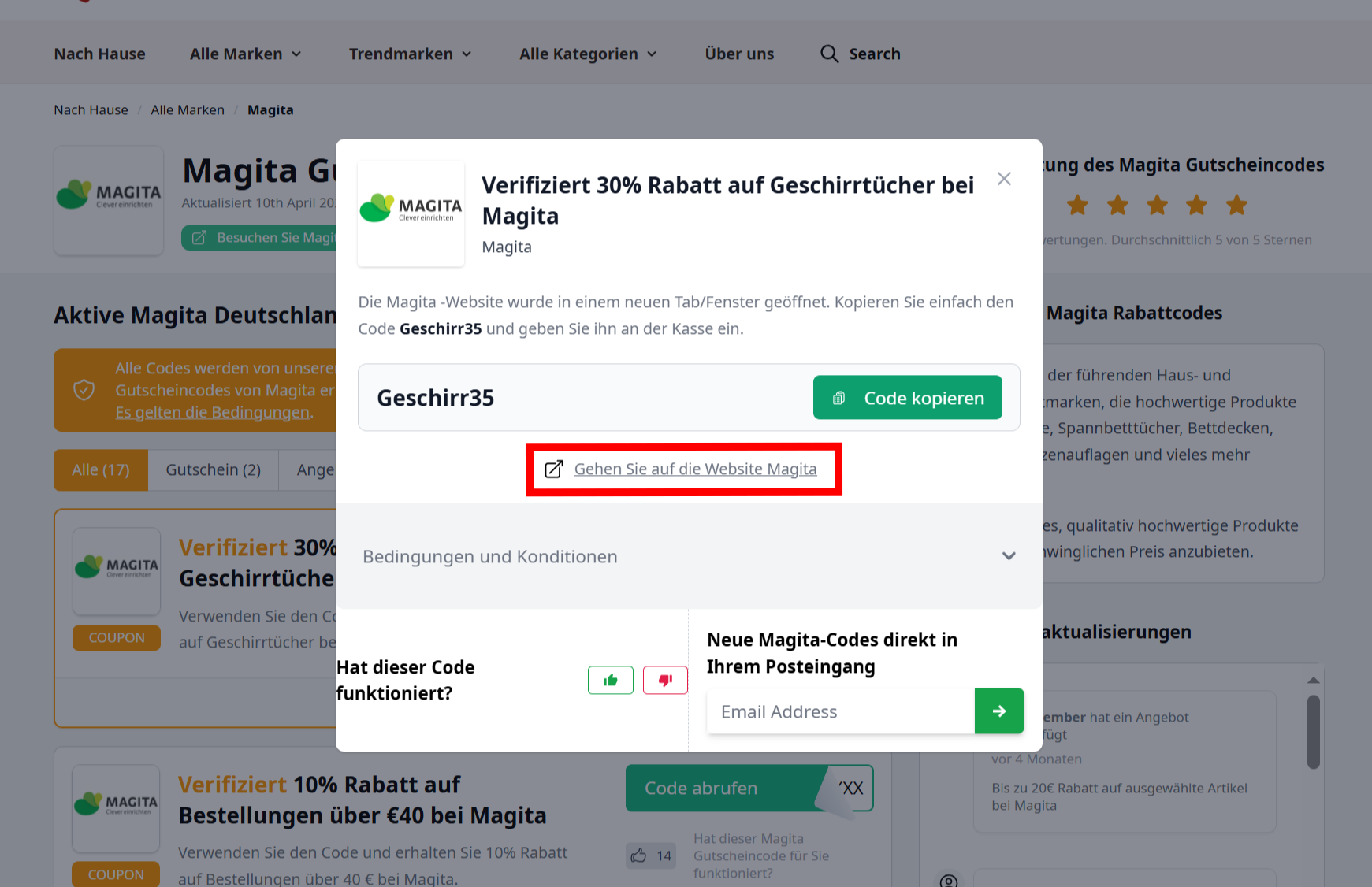 Ein offener Gutschein von Magita mit rotmarkiertem Link unterhalb des Codes