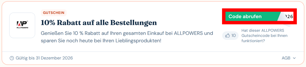 Angaben zu einem Rabattcode für ALLPOWERS mit rotmarkiertem grünen Button