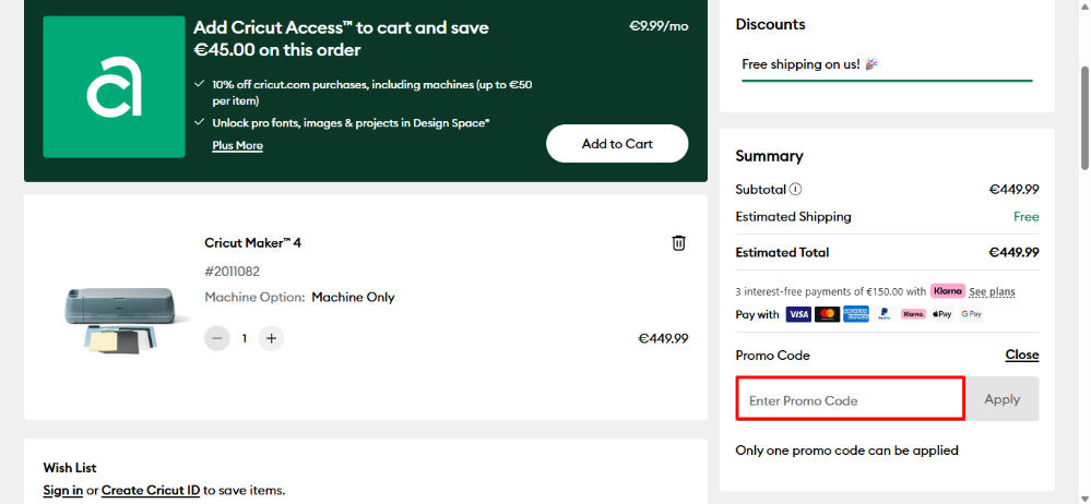 Cricut's checkout page where you can apply your Cricut discount code