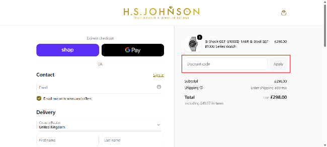 H.S Johnson discount page with a highlighted voucher box