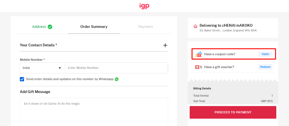 The checkout page shows where to apply your IGP discount code
