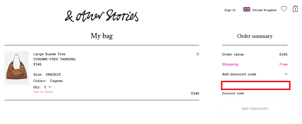 image showing the discount code box, bordered in red
