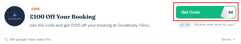 A Goodbody Clinic voucher code with "Get Code" in a red box