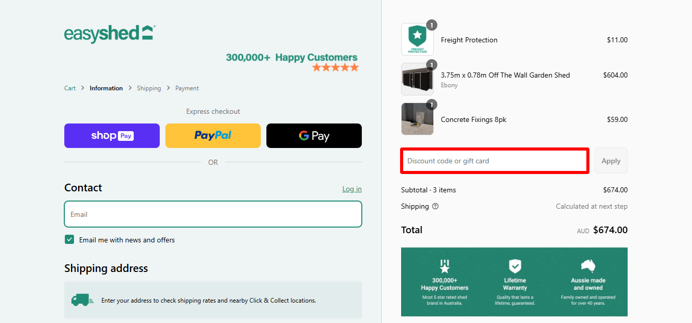 Easy Shed's checkout page where you can apply your Easy Shed discount code