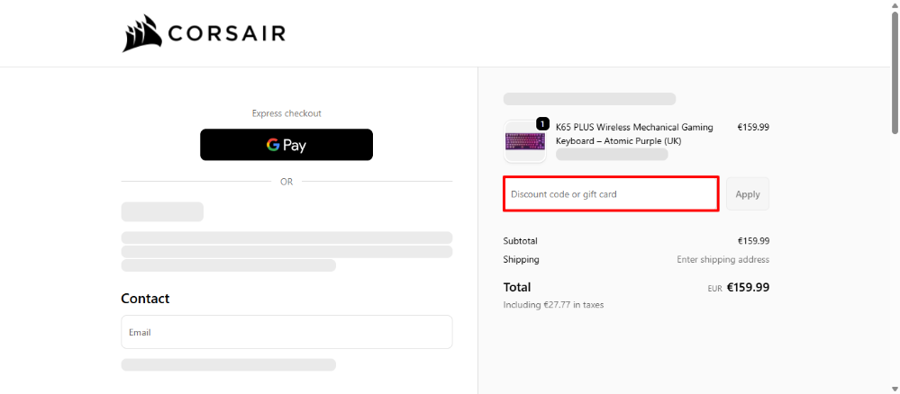In the red box paste your CORSAIR promo code and apply it