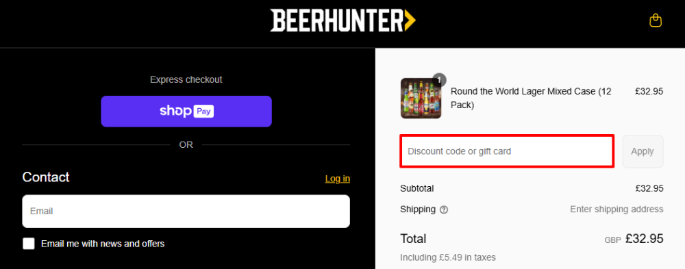The Beer Hunter checkout page with where to paste the Beer Hunter discount code in a red box.